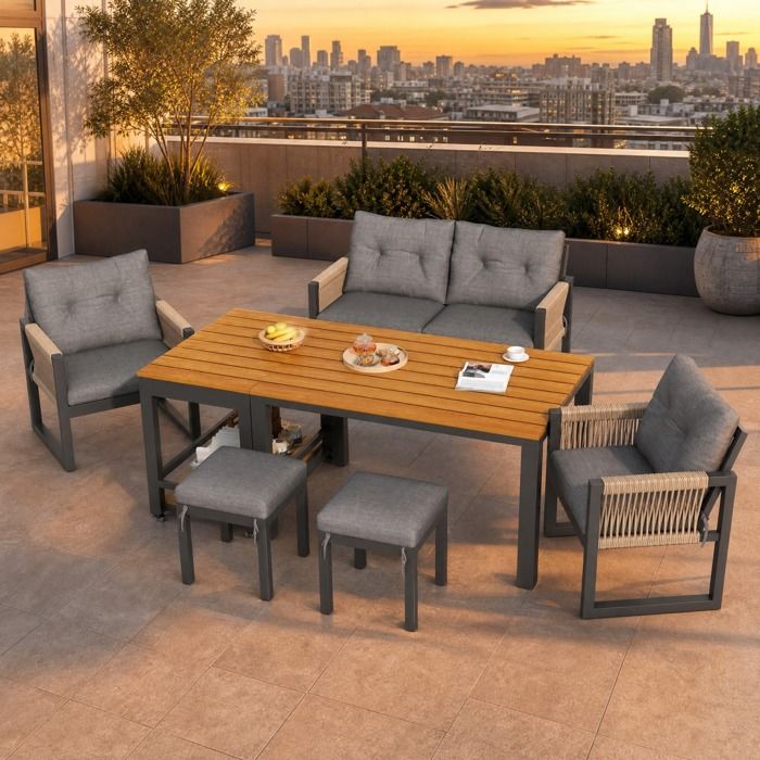 Maisentiel Salon de jardin 6 places avec canapé 2 places 2 fauteuils 2 poufs et table amovible