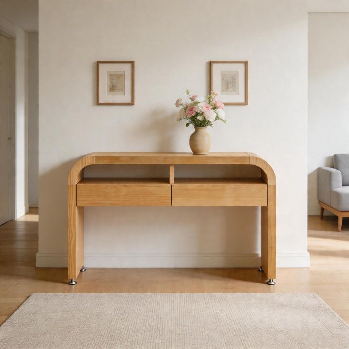 Console dentrée - Nature - 2 tiroirs - MDF aspect bois - Pieds réglables