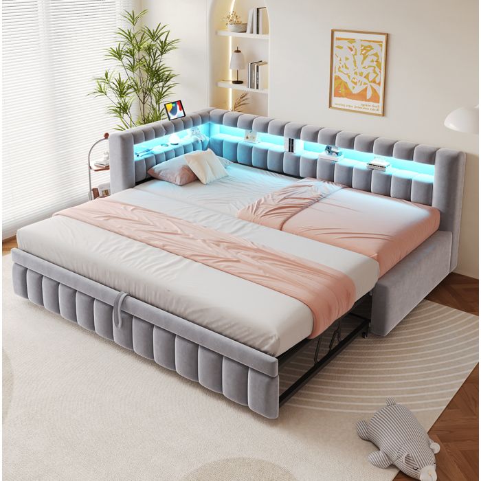 Canapé-lit modulable gris clair 90×200 cm LED USB et Type-C rangement sommier inclus sans matelas