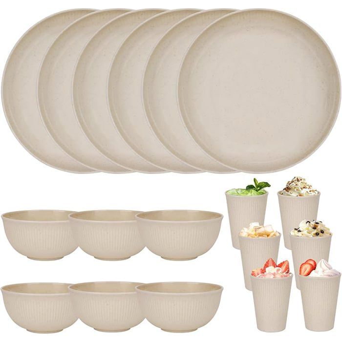 Service de table incassable pour 6 personnes 18 assiettes et bols en  assiettes tasses bols pour fête 18 Pièces Beiges SALADIER
