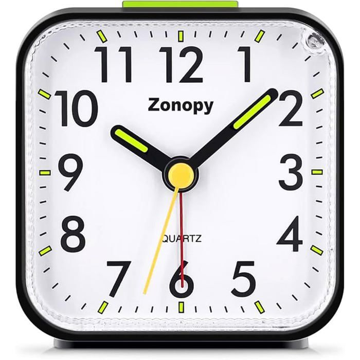 Réveil analogique silencieux avec lumière nocturne piles alarme forte snooze écran lumineux design portable Noir