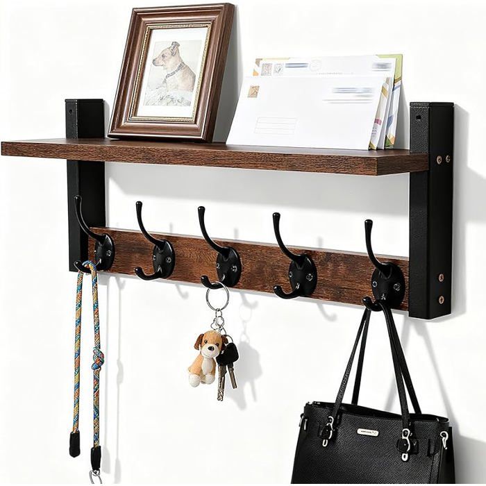Porte-manteau Mural Avec Étagère Et 5 Crochets Patère Murale 43 Cm Range Clés Et Courrier Meuble Mural Pour Entrée Salon