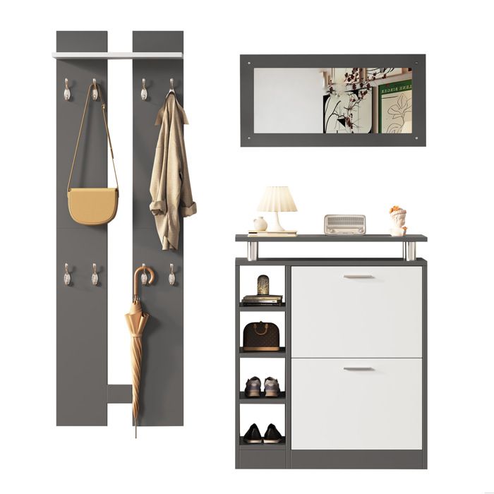 Meubles de couloir 80 x 25 x 96.5 cm miroir inclus 2 panneaux étagère et meuble à chaussures finition anthracite mat