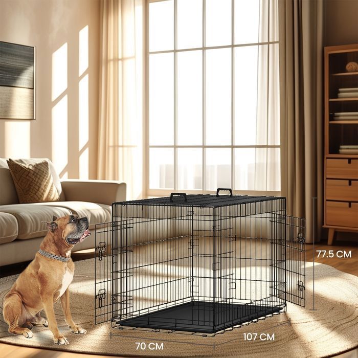 Cage pour Chien avec Plateau en Plastique et 2 Portes Taille XL Noire Cage pour Chien avec Plateau en Plastique et 2 Portes Taille XL Noire