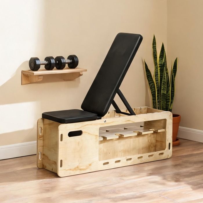Banc de musculation en bois massif naturel avec rangement intégré élastiques de résistance et dossier réglable