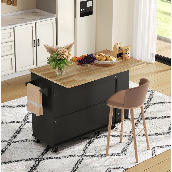Desserte îlot de cuisine 120 x 45(70) x 89 cm avec plateau rabattable 5 roulettes verrouillables MDF noir