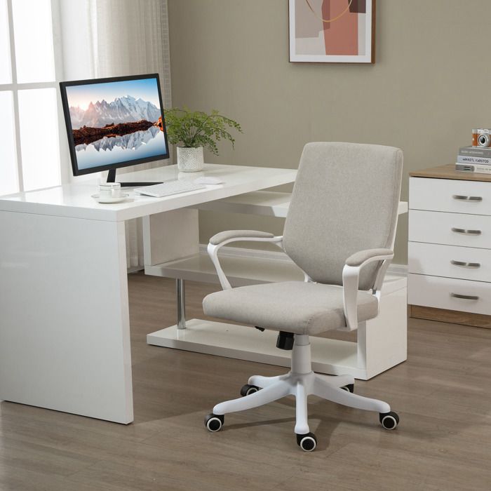 Chaise de bureau ergonomique beige et blanc réglable en hauteur pivotante avec accoudoirs et fonction bascule