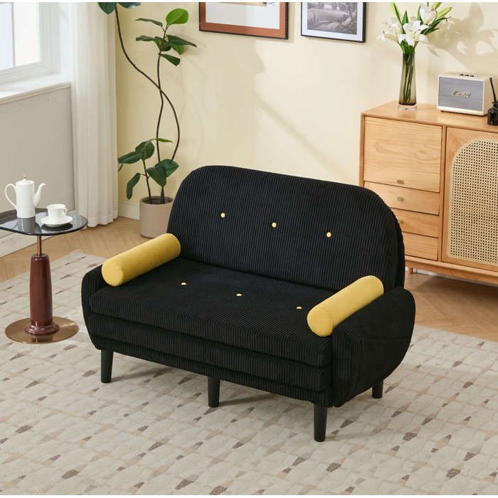 WOVREO Canapé convertible 2 places noir dossier réglable velours côtelé avec rangement
