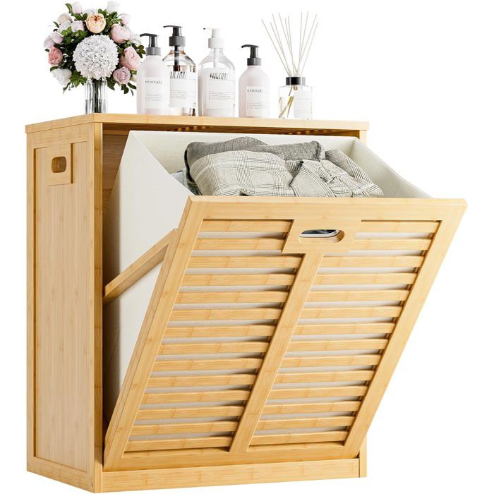 HITNET Armoire salle de bain bambou avec panier à linge et sac intérieur amovible – Pour buanderie WC chambre – Naturel