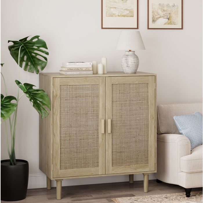 Modenuit buffet 2 portes en rotin 80 x 40 x 88 cm avec étagère MDF naturel