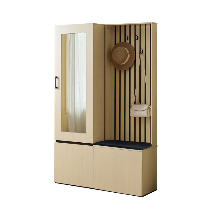 WOVREO meuble dentree 2-en-1 avec armoire miroir banc 4 crochets tringle coulissante MDF bois