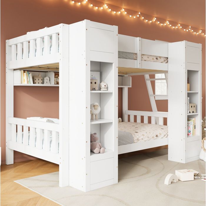 Lit superposé enfant 90 x 200 cm blanc avec rangement 2 armoires frontales étagères ouvertes et échelle réversible
