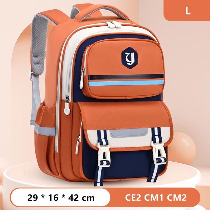 Cartable Garçon Fille Primaire Sac à Dos Scolaire Tissu Oxford Imperméable CE2 CM1 CM2 Pour Enfants 8 à 12 Ans - L - Orange