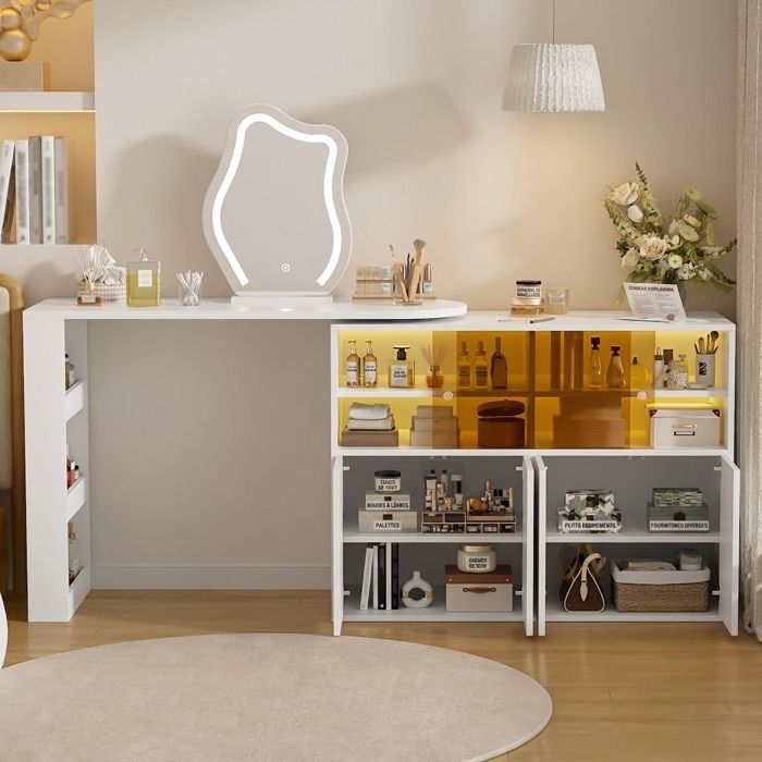 Coiffeuse dAngle Blanche avec Miroir LED Table de Maquillage Pivotante 2 en 1 avec Rangements et Tiroirs 177x40x131 5cm