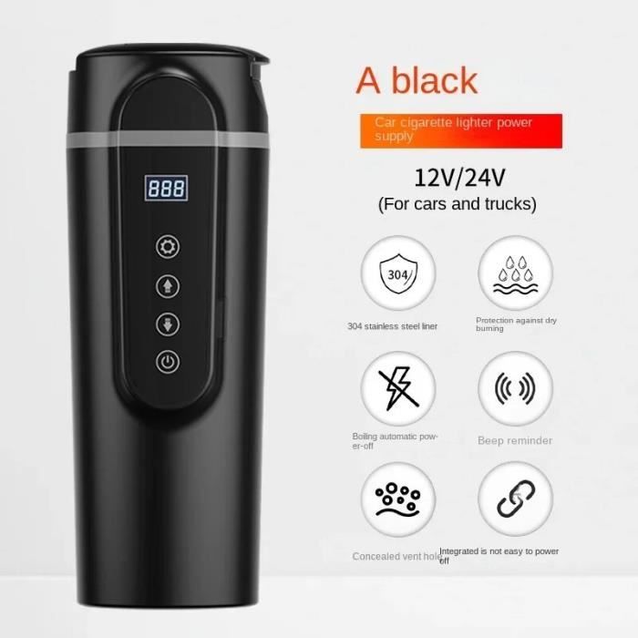Natudeco 24V 1200ML Théière Électrique De Voiture Grande Capacité Réchauffement De L'eau Tasse À Café Portable Bouilloire Isolée Avec Bouilloire De Base Pour Camion Minivan Remorque(24V1200ML noir