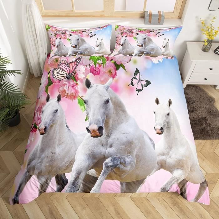Housse De Couette 140x200 + 2 Taies 65x65 Cm - Motif Cheval Rose Fleurs, Microfibre Douce Pour Enfant/Adolescente