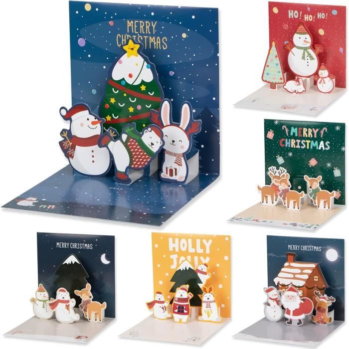 Cartes De Noël Pop-up 3D - Lot De 6 Avec Enveloppes - Motifs Sapin, Père Noël - Format 11x22 Cm - Pour Voeux Familiaux