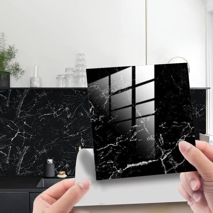 Stickers Muraux Cuisine Decoroom - 12 Autocollants PVC 30x15cm, Effet Carrelage Gris/noir, Imperméables