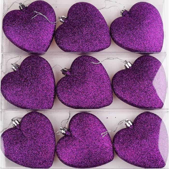 Lot de 9 grandes boules de Noël en forme de cœur Violet 8,5 cm[1299 