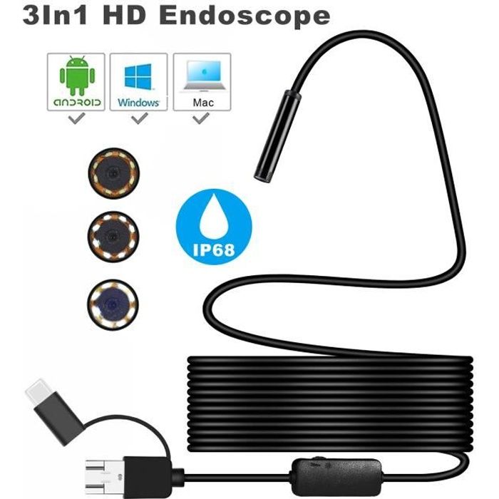 ligne dure, 5 m iOS You's Auto Endoscope USB HD avec convertisseur 3 en 1 LED étanche endoscope caméra d'inspection pour Android smartphone tablette iPhone