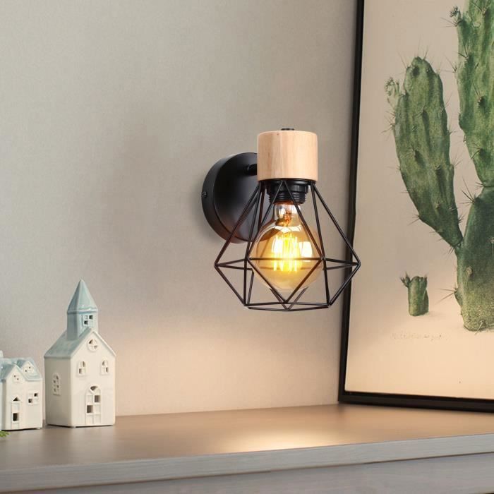 A E27 Applique Murale Vintage Industrielle Plafonnier Luminaire Bois Design Rétro Lamp Murale Interieure Noir Diamant Cage en Métal pour Salon Cuisine Chambre A E27 Applique Murale Vintage Industrielle Plafonnier Luminaire Bois Design Rétro Lamp Murale Interieure Noir Diamant Cage en Métal pour Salon Cuisine Chambre