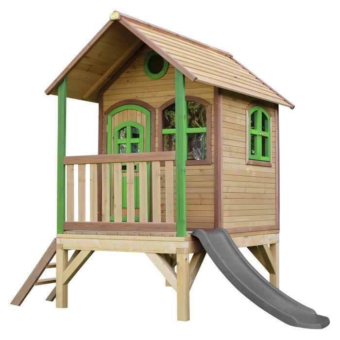 Maison Enfant avec Toboggan AXI Tom Gris | Aire de Jeux Extérieur en Marron & Vert | Cabane de Jeu en Bois FSC