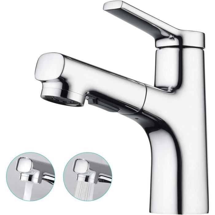 Robinet Lavabo Avec Douchette Extractible CREA - Mitigeur Monotrou Laiton Chromé - 2 Modes D'Eau - Installation Facile