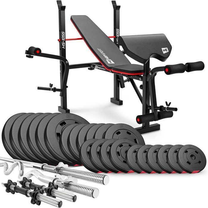 Hop-Sport Banc de Musculation Pliable HS-1055 avec Pupitre de Curl, Papillon et Curler de Jambes avec Set d'haltères de 122 kg