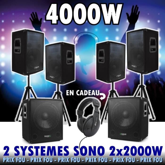 DJ PACK SONO 4000 dont 4 ENCEINTES 1000 + 1 AMPLI SONO 1600w + CABLE HP +  CABLE PC PA DJ SONO LED LIGHT BAR CLUB DISCO mix fitness - Cdiscount TV Son  Photo