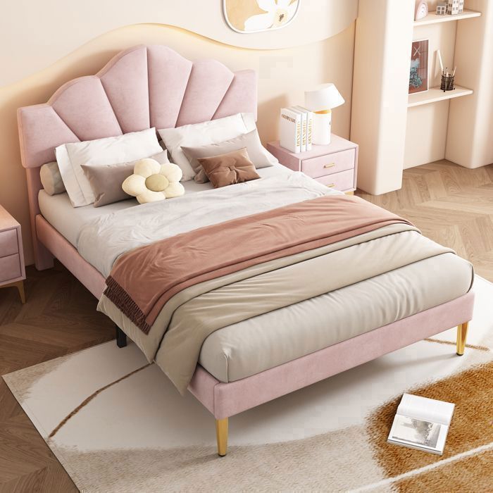 Lit double 140x190 en velours rose lit rembourré style coquillage avec tête de lit réglable sommier à lattes