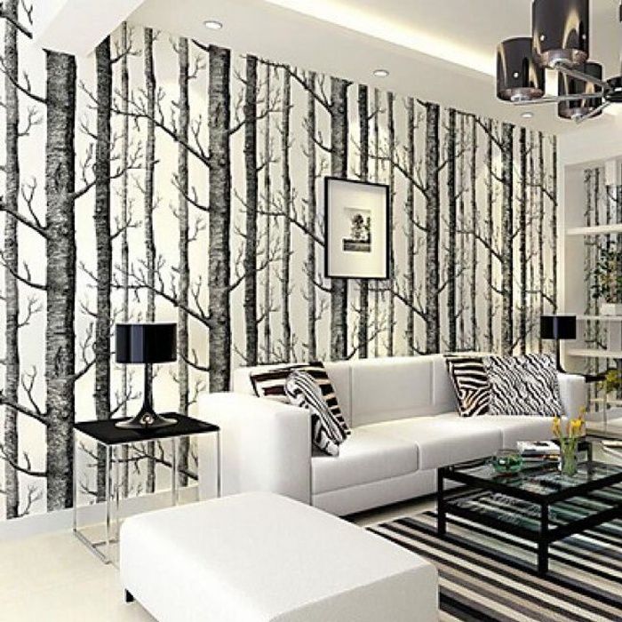 rouleau de papier peint contemporain et intisse a motif d arbres de bouleau en blanc cdiscount bricolage