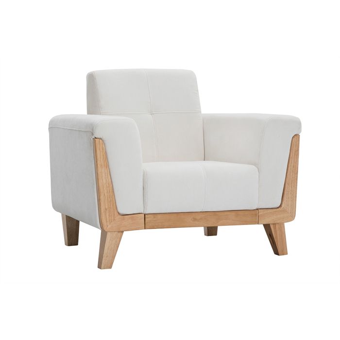Miliboo - Fauteuil scandinave en tissu effet velours blanc cassé et bois clair FJORD