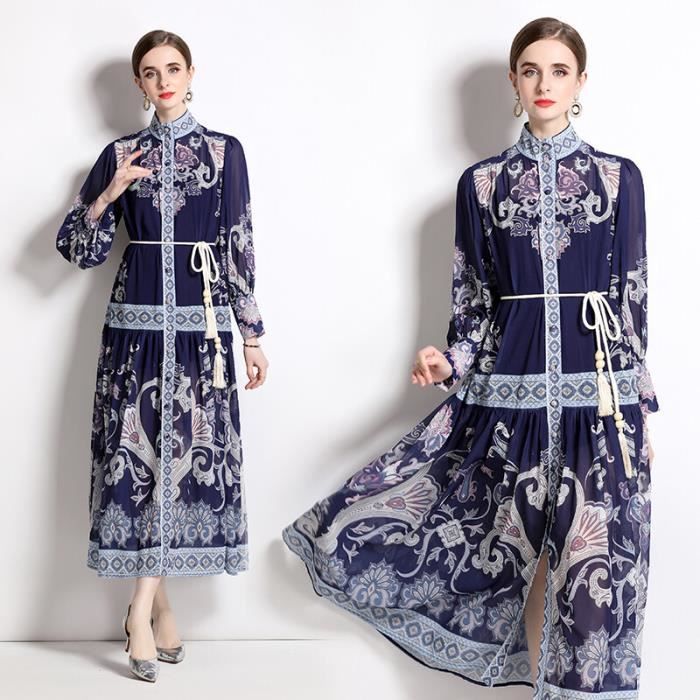 Robe maxi vintage ?� imprim?� floral pour femme - XY1966Navy -F Blanc - Cdiscount Pr??t-?�-Porter