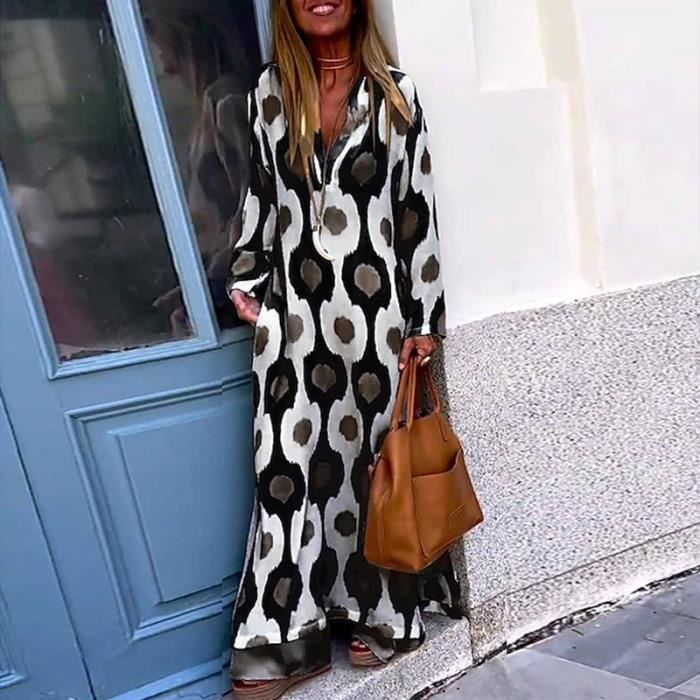 Robe longue droite a col en V imprimee vintage pour femmes 02 Blac B68 Blanc Femme Adulte Blanc Cdiscount Pret a Porter