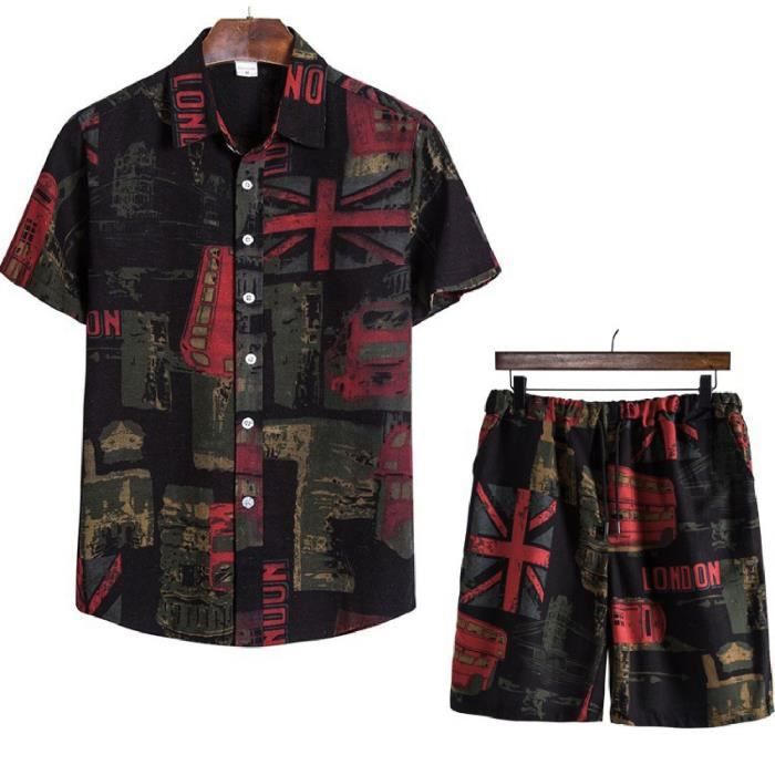 Ensemble Hawaïen Homme Chemise + Short + Chapeau Cloche - Tissu Léger Polyester - Motif Fleurs Tropical