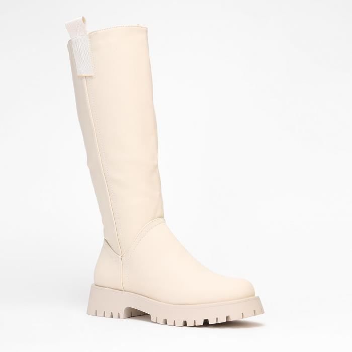 bottes de pluie beige à plateforme crantée - la modeuse - talon plat - fermeture à zip pour femme