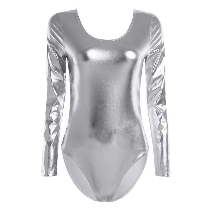 iixpin Femme Justaucorps Danse Manche Longue Métallique Brillant Doré Body Gym Leotard S-XL
