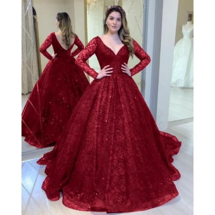 Robes de Soiree Femme Grande Taille Manches Longues Brillants en Double V col Maxi Robe Ronde Ceremonie Elegant Robe Rouge LC Rouge Cdiscount Pret a Porter