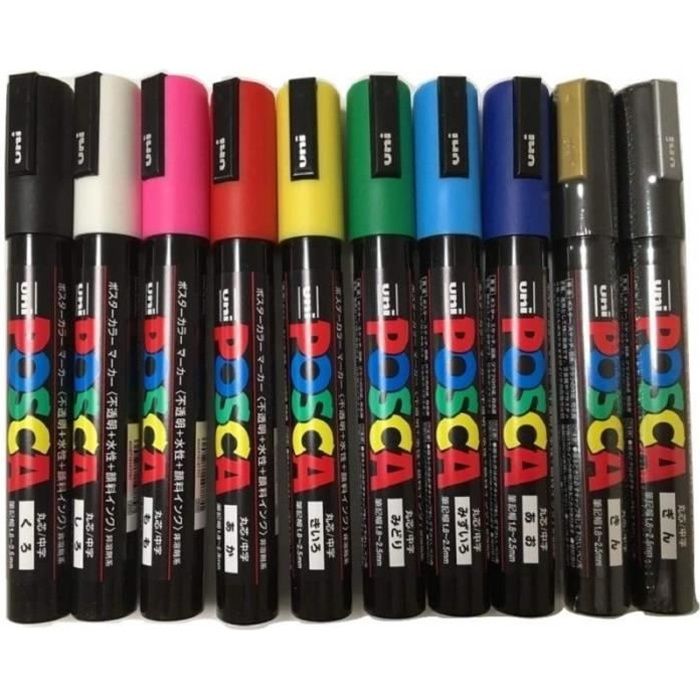 Lot de 10 marqueurs Uni Posca PC-5M pour dessin sur tissu, verre