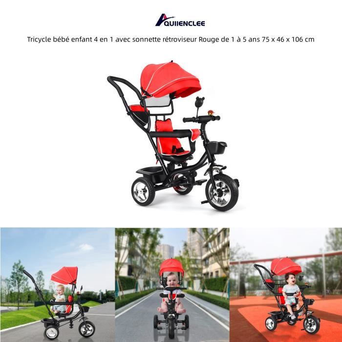 Tricycle évolutif 4-en-1 Pour Bébé De 18 Mois à 25 Kg - Avec Canne De Poussée Réglable, Roues En Mousse, Panier - Noir