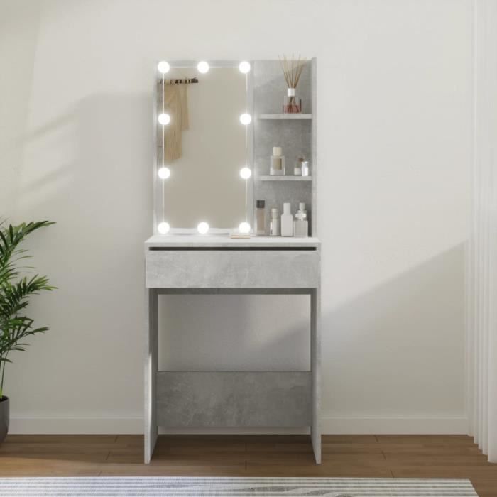 Coiffeuse - TMISHION - MDX7536 - Gris béton - Bois dingénierie - LED avec miroir