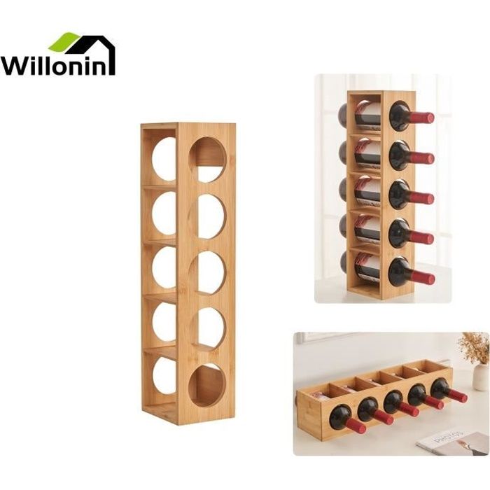 willonin® meuble de range bouteilles, support en bambou jusqu'à 5 bouteilles, etagère à vin pour cuisine, casier 13.5 x 12 x 53 cm