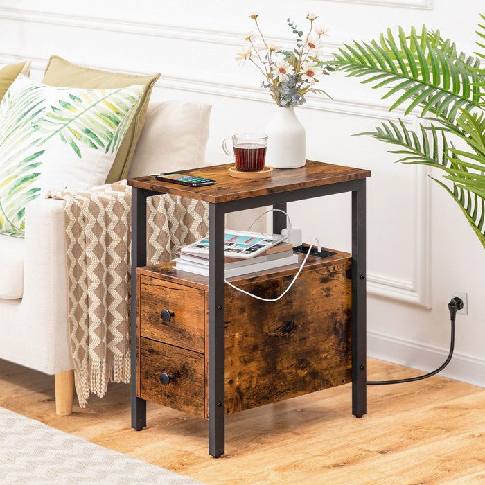 Table Console étroite HOOBRO Avec Prises USB – Meuble D’entrée Avec Station De Charge – Bois Rustique Et Métal Noir