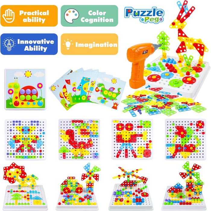 Jeu de Construction Enfant - Mosaique Puzzle 3D 276pcs - Jouet Perceuse
