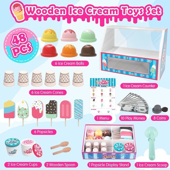 Plunack Glacier En Bois - Stand De Crème Glacée Avec Menu, Monnaie Et Accessoires, Jeu De Rôle Pour Enfants 3-6 Ans