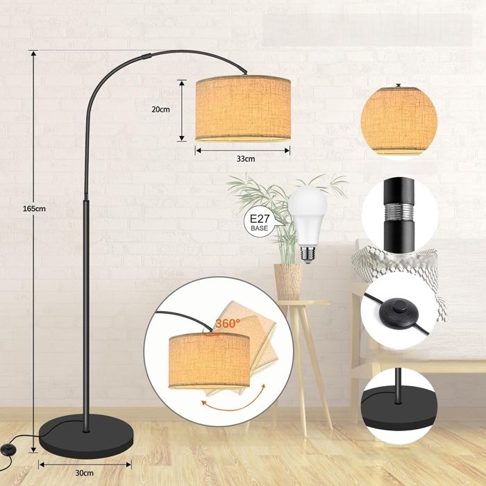 Lampe Arc Design Réglable 360° éclairage Ambiance Lampadaire Sur Pied Fortand 165 Cm - Abat-jour Lin Réglable, 3 Températures Couleur, Interrupteur Au Pied, 12W