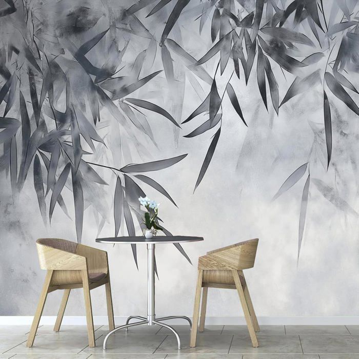 Papier Peint Panoramique Feuilles De Bambou Noires Plantes Abstraites ...