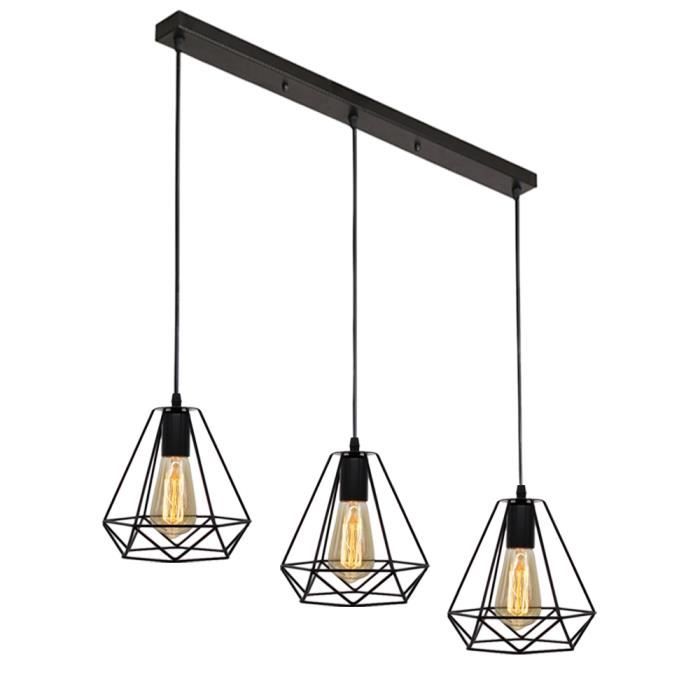 Lampe à Suspension Métal Noir Industriel Salon Grille Suspension Plafonnier Suspendu Metal 3x Douilles E27 Dxh 46x150cm 72950363