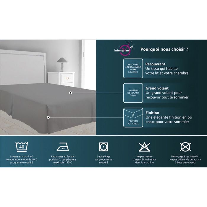 Tour De Lit Cache-Sommier 160x200 Cm + 30 Cm Gris Clair – Jupe De Lit Élégante 3 Pans