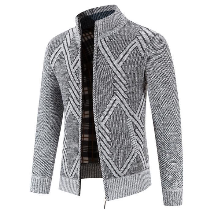Cardigan Homme Ouverture Devant - Maille épaisse, Doublure Polaire, Col Montant, 2 Poches - 7